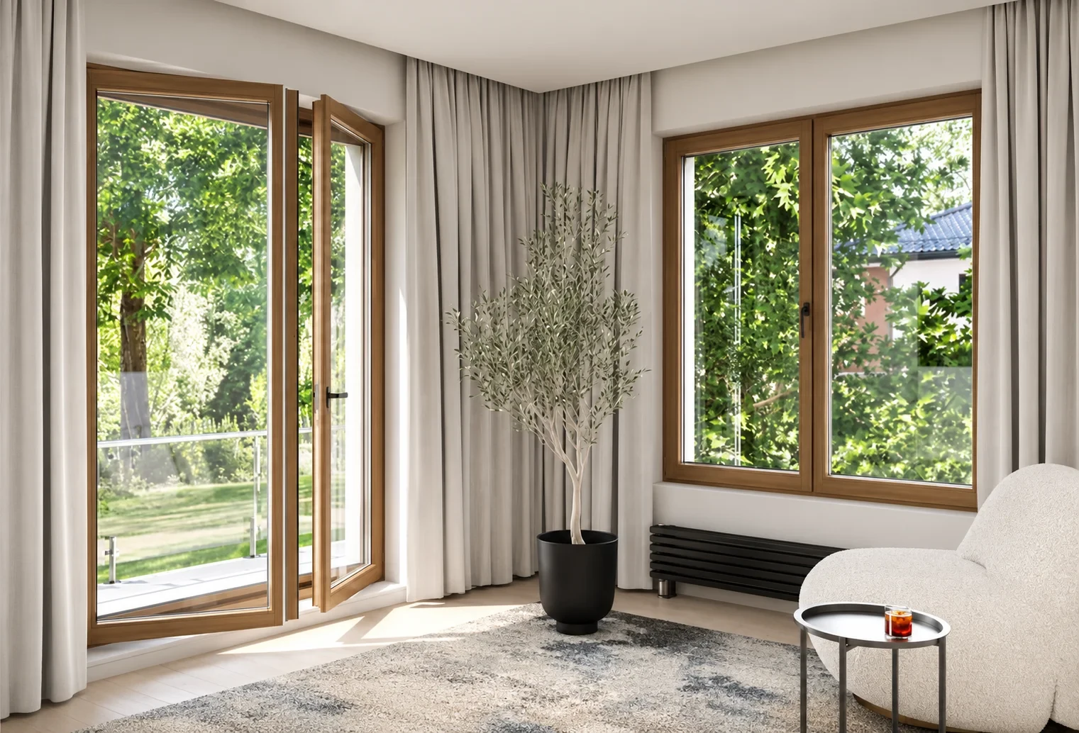 Living moderno con ventana PVC color Madera