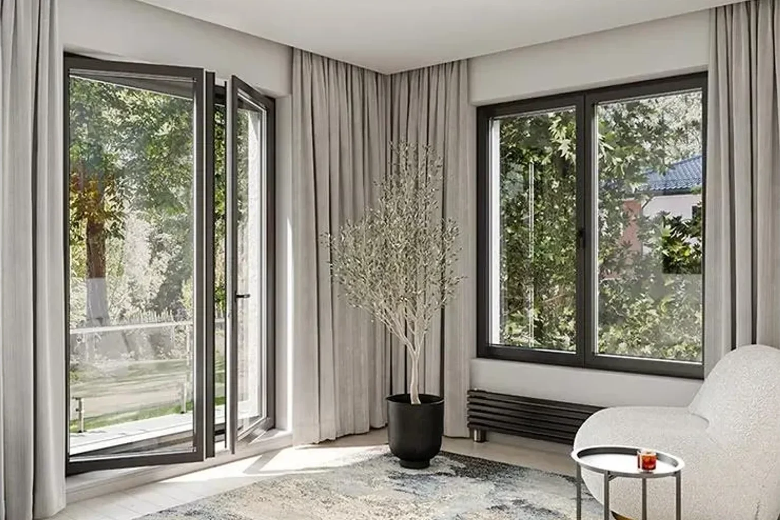 Living moderno con ventana PVC color Negro