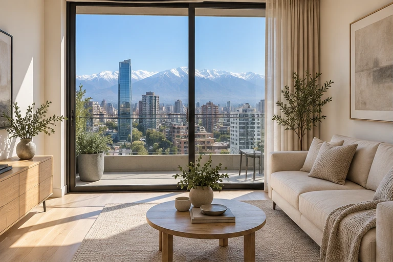 Living de un departamento compacto con ventanales modernos y vista a Santiago