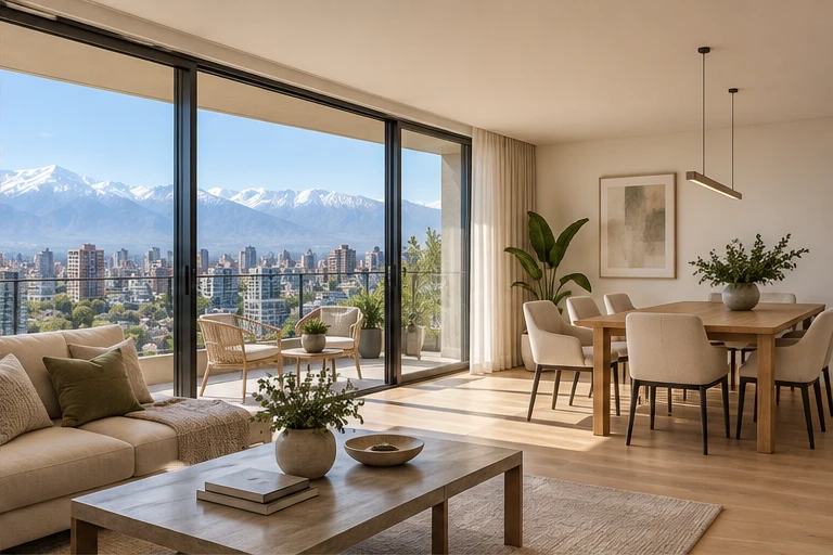 Living de un departamento estándar con ventanales modernos y vista a Santiago